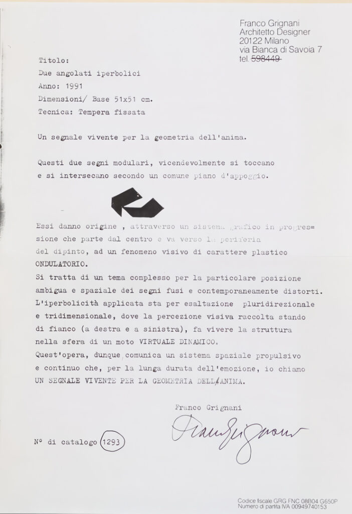 Franco Grignani, letter relating to the visual phenomenon of an undulating plastic nature, 1991